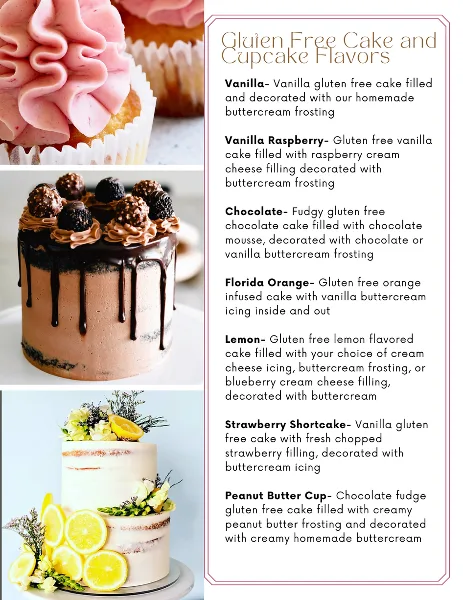 A collage showing a chocolate drip cake with truffles and a white tiered wedding cake decorated with lemon slices and flowers.