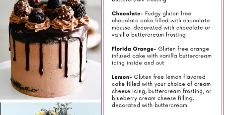 A collage showing a chocolate drip cake with truffles and a white tiered wedding cake decorated with lemon slices and flowers.