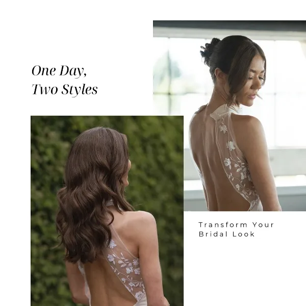 Bride shown from behind with styled hair and makeup in a wedding dress, illustrating bridal hair and makeup services.