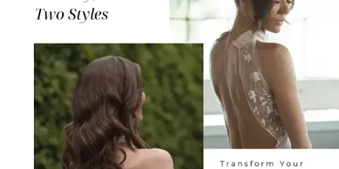 Bride shown from behind with styled hair and makeup in a wedding dress, illustrating bridal hair and makeup services.