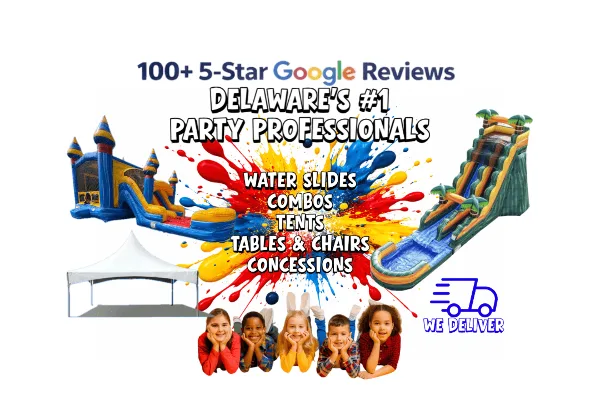Promotional graphic showing inflatable bounce houses, a water slide, and a white tent with text listing party rental services.