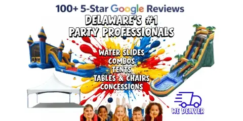 Promotional graphic showing inflatable bounce houses, a water slide, and a white tent with text listing party rental services.