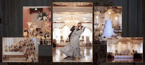 A collage of wedding decor including floral arrangements, a decorated stage, a wedding cake, and a couple dancing.