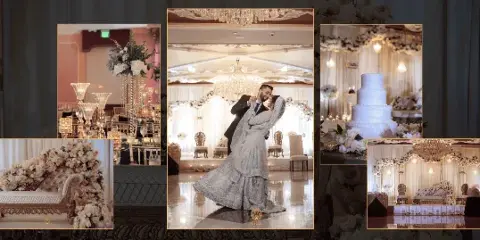 A collage of wedding decor including floral arrangements, a decorated stage, a wedding cake, and a couple dancing.