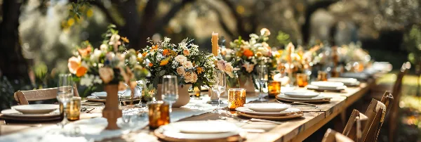 A long wooden table set for a wedding reception with floral arrangements, candles, and glassware.