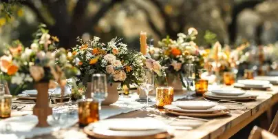 A long wooden table set for a wedding reception with floral arrangements, candles, and glassware.
