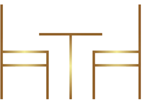 A gold-colored table positioned between two matching gold chairs against a black background.