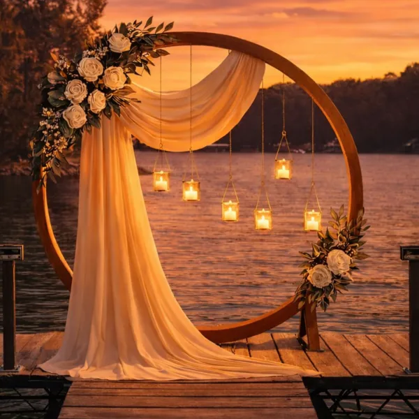 A wooden wedding arch decorated with white roses and hanging candles on a wooden dock overlooking a lake at sunset.