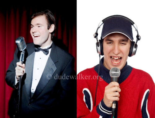 A split image of a man in a tuxedo and a man in a red sweater, both holding microphones.