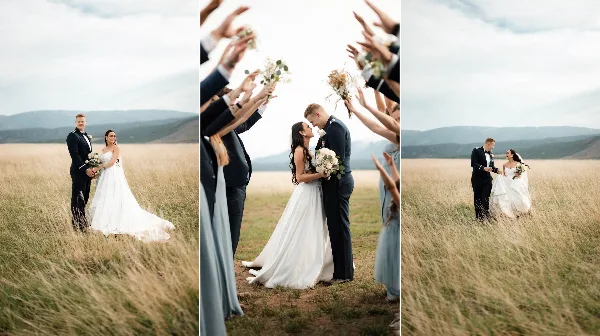 A wedding couple standing in a grassy field with mountains in the background, shown in a three-panel collage.