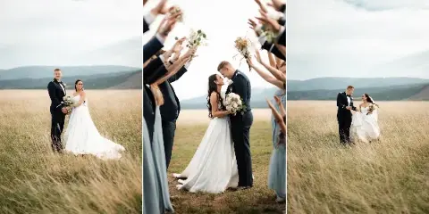 A wedding couple standing in a grassy field with mountains in the background, shown in a three-panel collage.