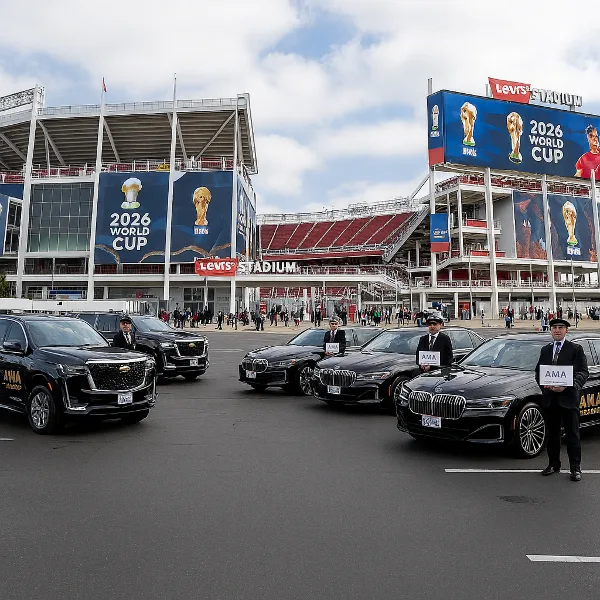 A row of black luxury SUVs and sedans with professional chauffeurs holding 'AMA' signs parked in front of Levi's Stadium.