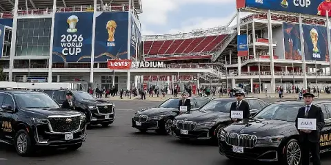 A row of black luxury SUVs and sedans with professional chauffeurs holding 'AMA' signs parked in front of Levi's Stadium.