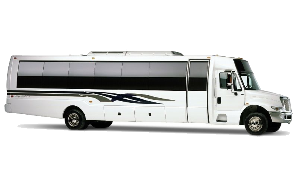 A white shuttle bus with dark tinted windows and a black stripe design, shown in profile view.