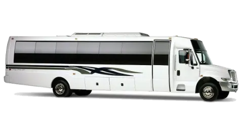 A white shuttle bus with dark tinted windows and a black stripe design, shown in profile view.