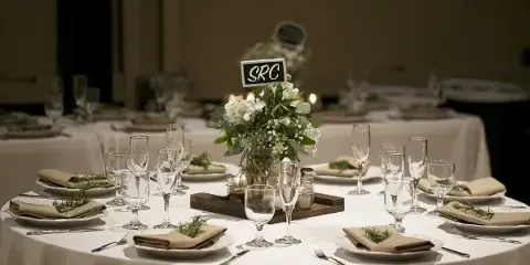 A round event table set with white linens, plates, glassware, and a floral centerpiece featuring a small sign reading SRC.