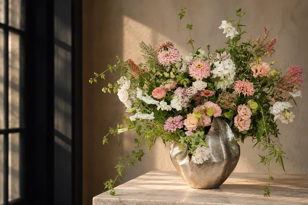 A lush floral arrangement featuring pink and white flowers in a metallic vase on a marble surface.