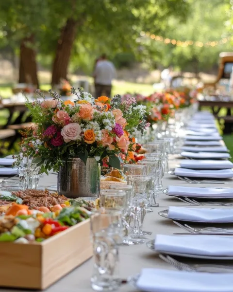 A long outdoor catering table set with white linens, glassware, floral centerpieces, and food platters.