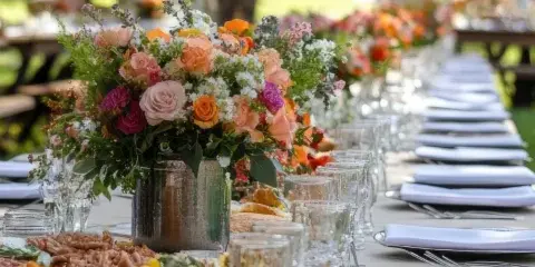 A long outdoor catering table set with white linens, glassware, floral centerpieces, and food platters.