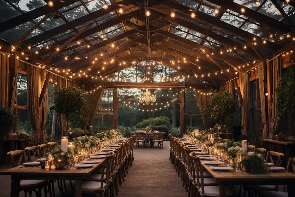 Indoor event venue with long wooden banquet tables, chairs, drapery, and string lighting set up for a wedding reception.