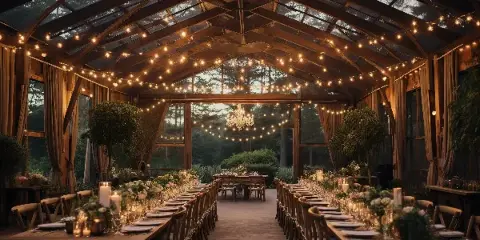 Indoor event venue with long wooden banquet tables, chairs, drapery, and string lighting set up for a wedding reception.