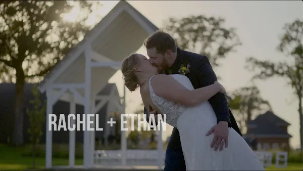 Bride and groom sharing a kiss in front of a white wedding gazebo at sunset, with the text 'RACHEL + ETHAN' overlaid.