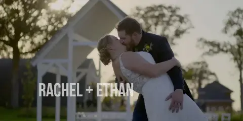 Bride and groom sharing a kiss in front of a white wedding gazebo at sunset, with the text 'RACHEL + ETHAN' overlaid.