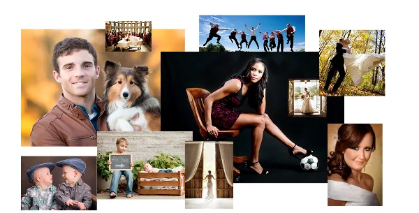 A collage of professional photography samples featuring portraits, family photos, and wedding scenes.