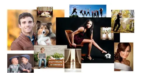 A collage of professional photography samples featuring portraits, family photos, and wedding scenes.