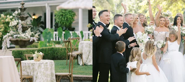 A split image showing an outdoor wedding reception setup with a fountain and a group of wedding party members celebrating.