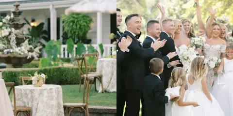 A split image showing an outdoor wedding reception setup with a fountain and a group of wedding party members celebrating.