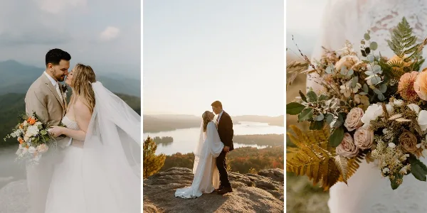 A collage of wedding photos showing a couple on a mountain overlook and a floral bouquet.