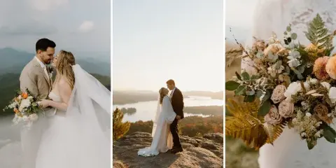 A collage of wedding photos showing a couple on a mountain overlook and a floral bouquet.