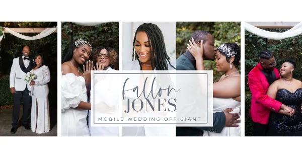 A collage of wedding photographs showing officiant Fallon Jones performing ceremonies for multiple couples, with a central logo reading 'Fallon Jones Mobile Wedding Officiant'.