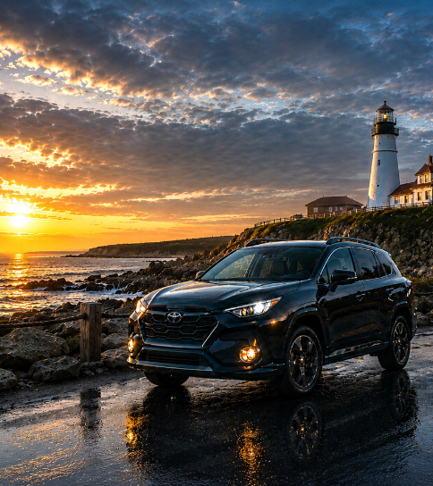 A black Subaru SUV parked on a wet surface near a coastal lighthouse at sunset.