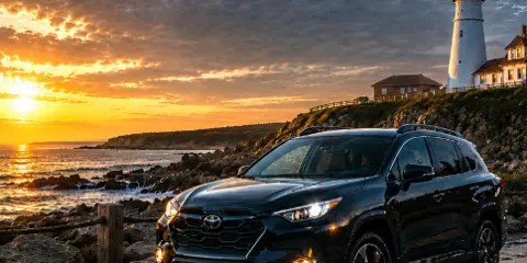 A black Subaru SUV parked on a wet surface near a coastal lighthouse at sunset.