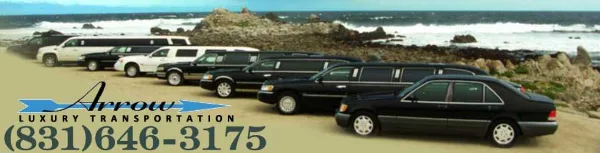 A lineup of black stretch limousines and sedans parked on a beach with the Arrow Luxury Transportation logo and phone number overlaid.