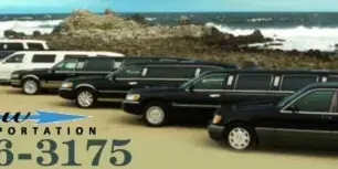 A lineup of black stretch limousines and sedans parked on a beach with the Arrow Luxury Transportation logo and phone number overlaid.