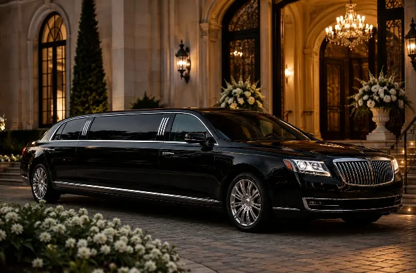 A black stretch limousine parked outside an elegant building with white floral arrangements.