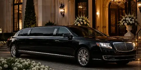 A black stretch limousine parked outside an elegant building with white floral arrangements.