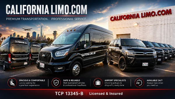 A fleet of black California Limo vans and SUVs parked in a lot with the company name visible on the vehicles and a building in the background.