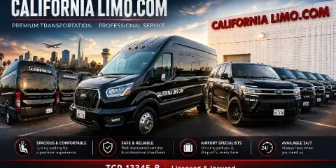 A fleet of black California Limo vans and SUVs parked in a lot with the company name visible on the vehicles and a building in the background.