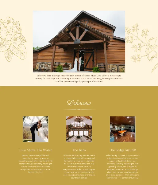 Exterior of a rustic wooden barn venue with a bride and groom at the entrance, accompanied by interior photos of the barn reception space and lodge.