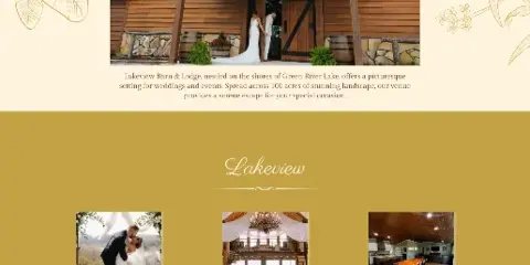 Exterior of a rustic wooden barn venue with a bride and groom at the entrance, accompanied by interior photos of the barn reception space and lodge.