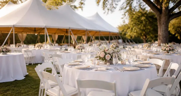 Outdoor wedding reception setup with white tents, round tables, and chairs on a lawn.