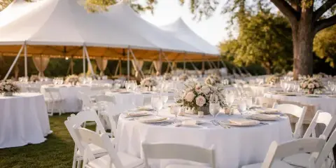 Outdoor wedding reception setup with white tents, round tables, and chairs on a lawn.