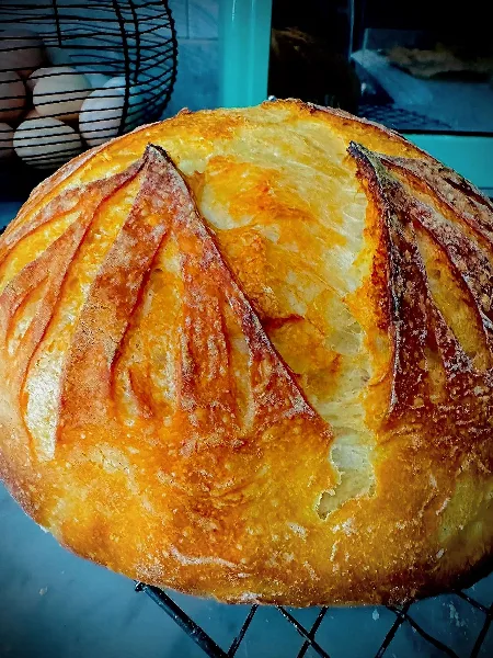 A close-up of a golden-brown artisan sourdough bread loaf with a decorative score pattern, resting on a wire cooling rack.