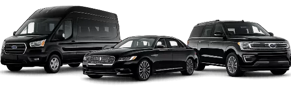A lineup of black transportation vehicles including a passenger van, a luxury sedan, and an SUV.