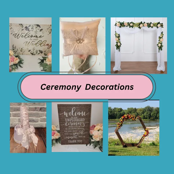 A collage of wedding ceremony decorations featuring a floral arch, a ring pillow, and welcome signs.