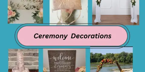 A collage of wedding ceremony decorations featuring a floral arch, a ring pillow, and welcome signs.